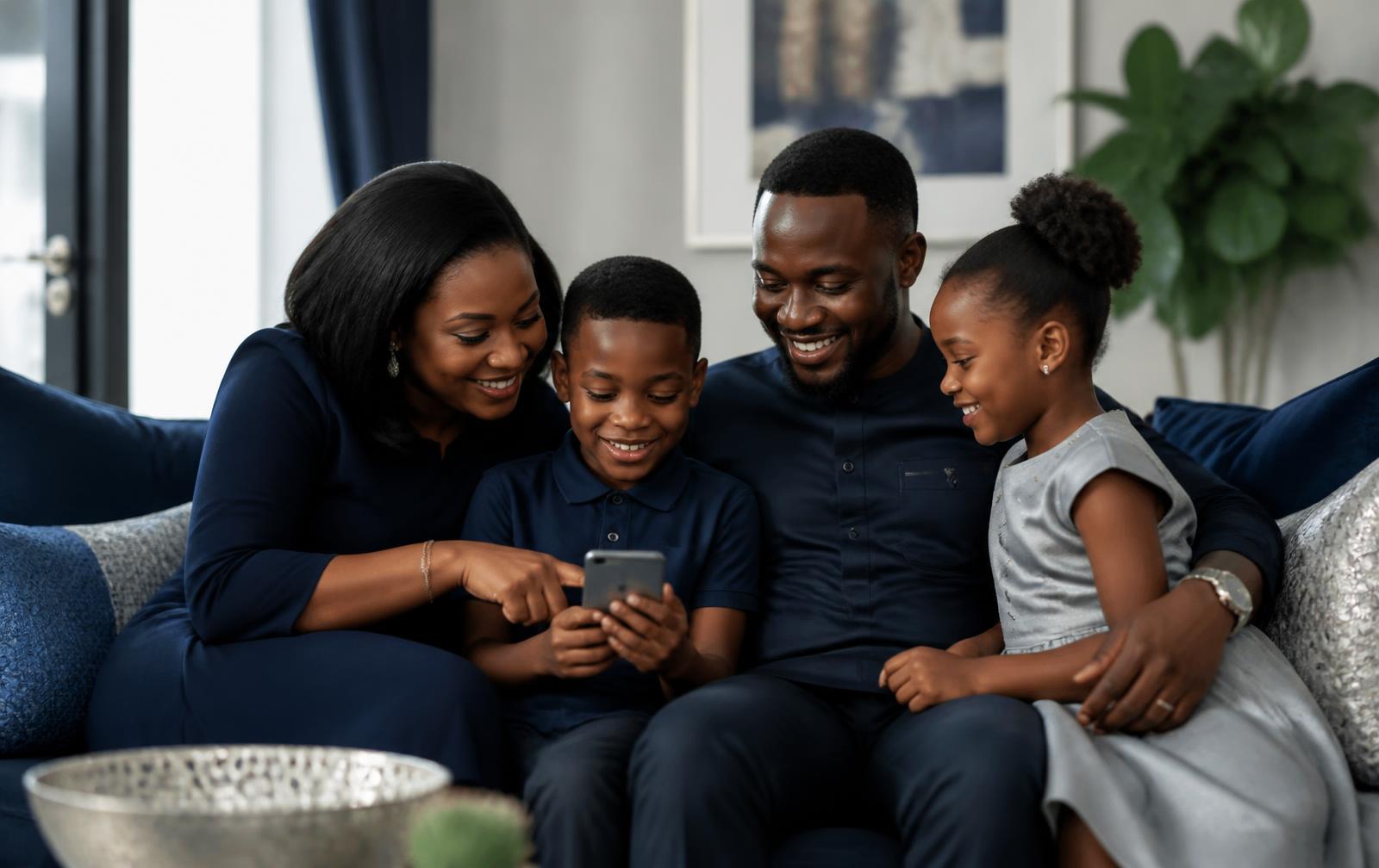A family in Nigeria using mobile banking together in their local language