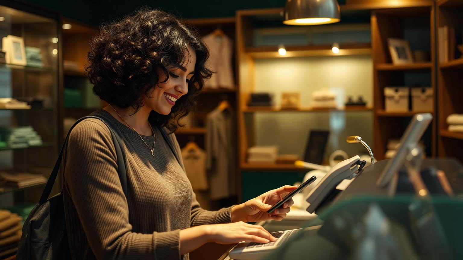 A shop owner taking a digital payment at the till